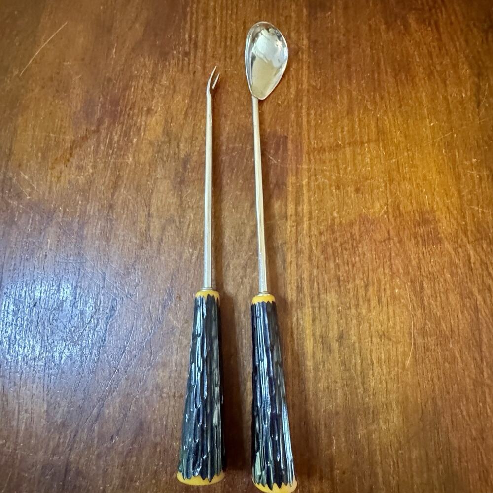 Vintage Atomic Mid Century Faux Antler Handle Olive Pick & Cocktail Spoon Set
